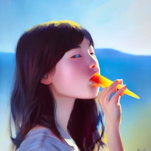 Image similar to oil painting by ilya kuvshinov,, baugh casey, rhads, coby whitmore, of a youthful japanese beauty, long hair, popsicle in mouth, outdoors, highly detailed, breathtaking face, studio photography, dawn, intense subsurface scattering, blush, supple look, innocence, intense sunlight