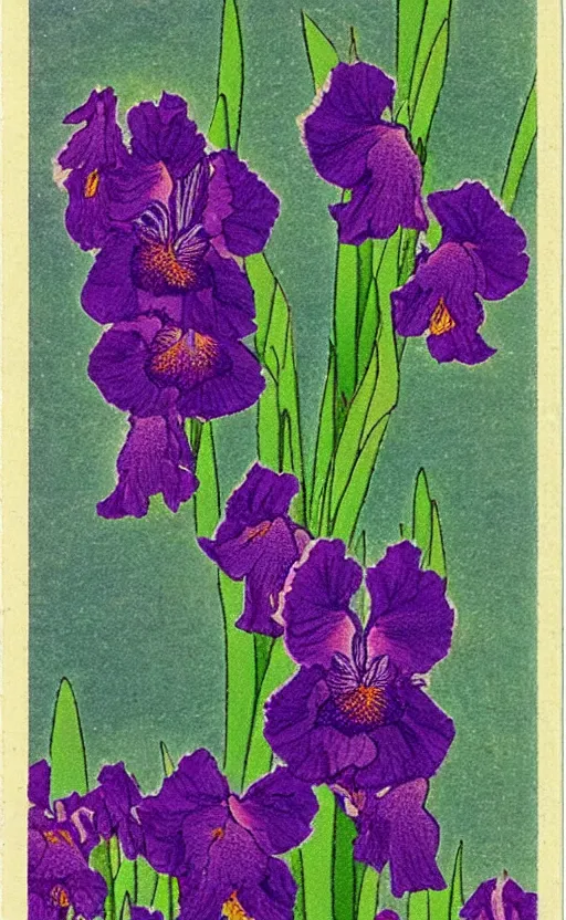 Prompt: by akio watanabe, manga art, soft purple iris flowers and lake, trading card front