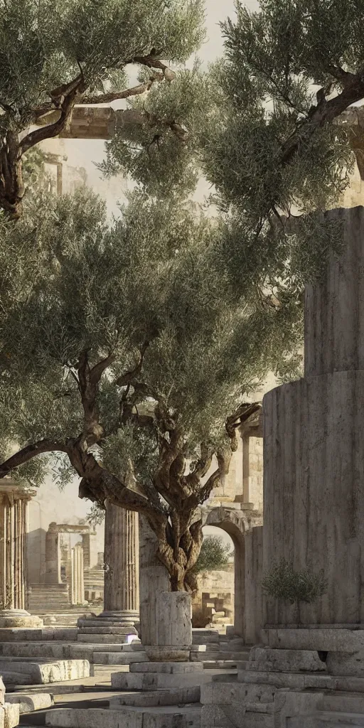 Prompt: ancient greek city, sunny day, olive trees, houses and temples, marble columns, by ilya kuvshinov, rtx rendering, octane render 1 2 8 k, maya, extreme high intricate details by tom bagshaw, medium shot, composition by sana takeda, lighting by greg rutkowski