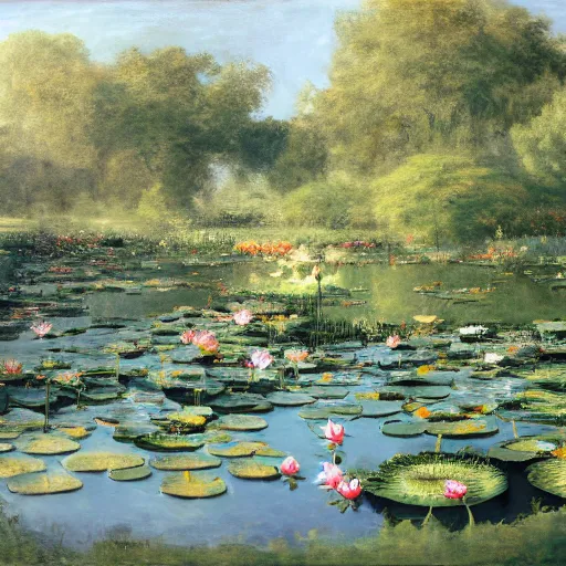 Image similar to lotus pond, Adolph Menzel, trending on artstation