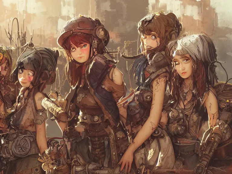 Prompt: group of 4 scavenger girls in a junkyard, steampunk, gritty, dirty, rusty, high fantasy, detailed faces, sharp focus, high detail, smooth, digital illustration, by rossdraws, artstation