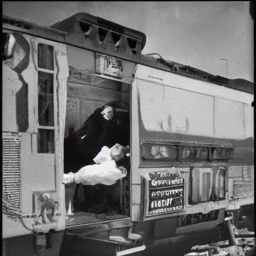 Image similar to the disembodied spirit of a dangerous railroad worker, Boxcar on the railroad, Cinematic, 35mm, film still from horror movie