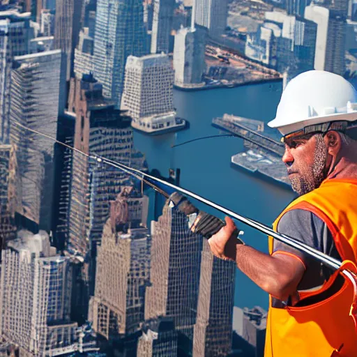 Image similar to closeup portrait of a construction worker with a fishing rod sitting on a metal beam high over new york city, photography