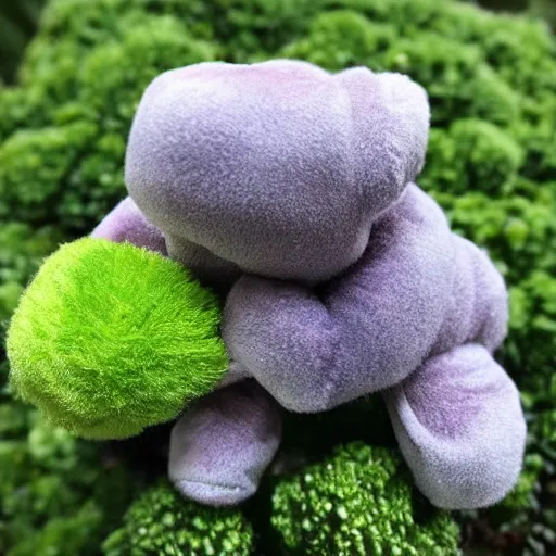 Image similar to plush tardigrade doll with plush broccoli to eat, cute, fluffy, fuzzy, kind, loving, tender