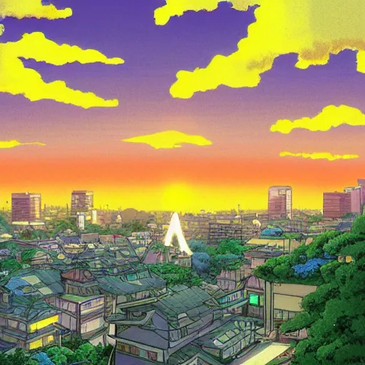 Image similar to ”Tokyo suburb in sunset, studio ghibli style, by hayao miyazaki, detailed, high quality”