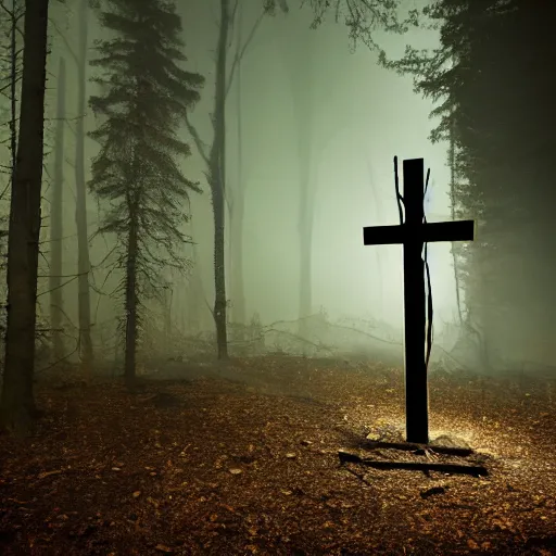 Prompt: robert lewandowski in front of a burning christian cross, night, forest, dark, black