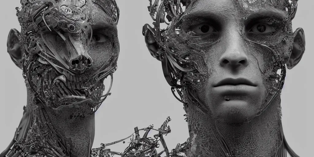 Image similar to hyper realistic photography of a stunningly beautiful cyborg male, intimately holding close, in the style of beth cavener, jin kagetsu, and wlop, highly detailed, intricate filigree, symmetry, masterpiece, award winning, sharp focus, concept art, highkey lighting, ambient lighting, octane render, 8 k, artstation
