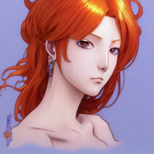 Image similar to intricately detailed vfx portrait of nami from one piece by eiichiro oda, makoto shinkai, alphonse mucha, art by artgerm and greg rutkowski, best of behance, concept art, matte, sharp focus, orange hair, elegant, adolphe bouguereau, annie leibovitz, stanley kubrick, hdr,