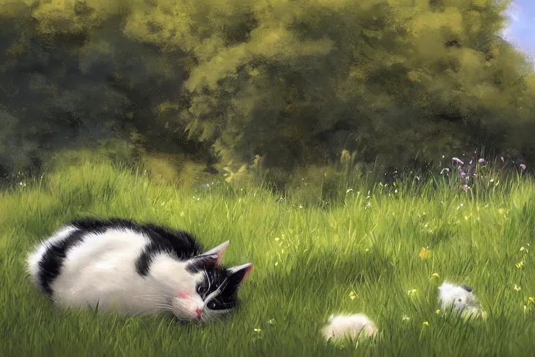 Prompt: a fat black and white male cat and a smaller tortoiseshell female cat both sleeping peacefully together in a beautiful green meadow, dreamy puffy clouds, painted by Tyler Edlin