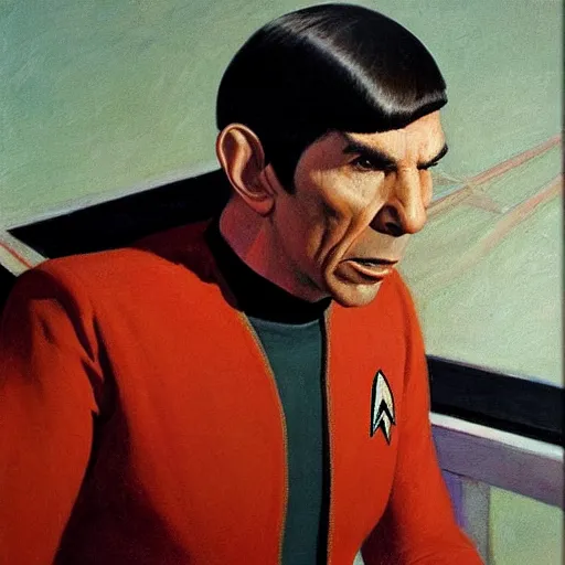 Image similar to spock ( leonard nimoy ), the vulcan officer from star trek on the bridge of the enterprise. oil painting in the style of edward hopper and ilya repin. detailed and realistic.