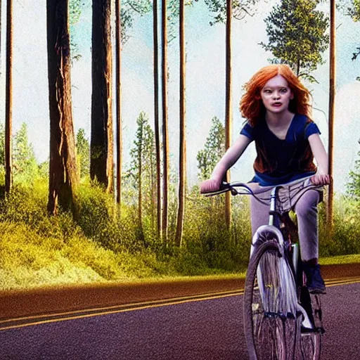 Image similar to Sadie Sink (Maxine Mayfield) from Stranger Things riding her bike in the middle of the street with forest in the background, looking straight ahead, her bike's flashlight illuminating the ground, realistic, extremely high detail, photorealistic, no shadows, 8k