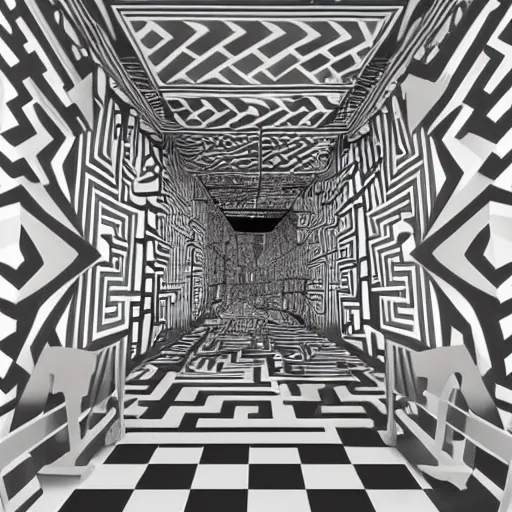 Image similar to a beautiful 4 dimensional maze decorated hallway by m c escher, highly detailed, artstation