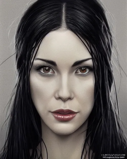 Image similar to portrait of a tall 4 0 - year - old woman with thin lips, long, lush black hair gathered on the head, and thick eyebrows, wearing in black clothes, aristocratic appearance, hyper realistic face, beautiful eyes, character art, art by mark brooks, hyperdetailed, cryengine, trending on artstation, digital art