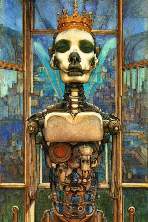 Image similar to the robot wearing her bone crown stands by the window , by Annie Swynnerton and Diego Rivera and Elihu Vedder, symbolist, dramatic lighting, elaborate geometric ornament, Art Brut, soft blues and greens,smooth, sharp focus, extremely detailed, Adolf Wölfli and Evelyn De Morgan