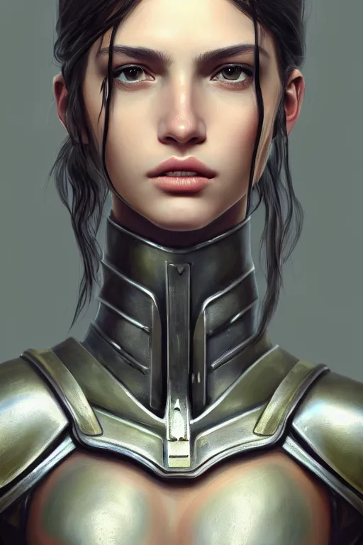 Image similar to a photorealistic painted portrait of an attractive young girl, partially clothed in dull metal-plated battle armor, olive skin, long dark hair, beautiful bone structure, symmetric facial features, facial markings, perfect photorealistic eyes, natural physique, intricate, elegant, digital painting, concept art, finely detailed, beautifully illustrated, sharp focus, minimal artifacts, from Metal Gear, by Ruan Jia and Mandy Jurgens and Artgerm and William-Adolphe Bouguerea, in the style of Greg Rutkowski, trending on Artstation, award winning