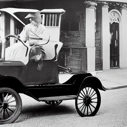 Prompt: a rabbit driving a model t ford, black and white photograph