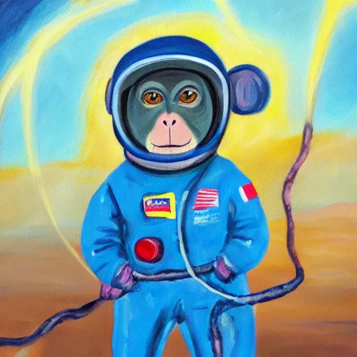 Image similar to an oil painting of a monkey wearing a spacesuit