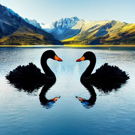 Image similar to photo of two black swans touching heads in a beautiful reflective mountain lake, a colorful hot air balloon is flying above the swans, hot air balloon, intricate, 8k highly professionally detailed, HDR, CGsociety