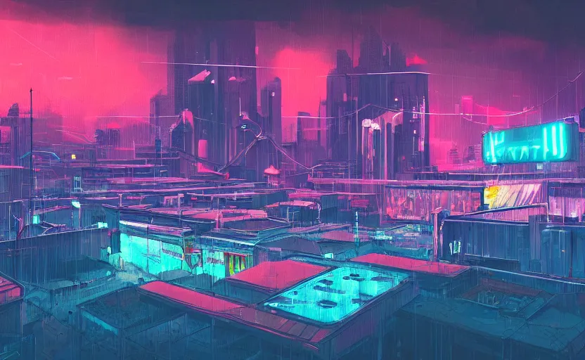 Prompt: sports ground, cyberpunk, rooftop, teal neon lights, highly detailed, digital painting, artstation, concept art, sharp focus, illustration