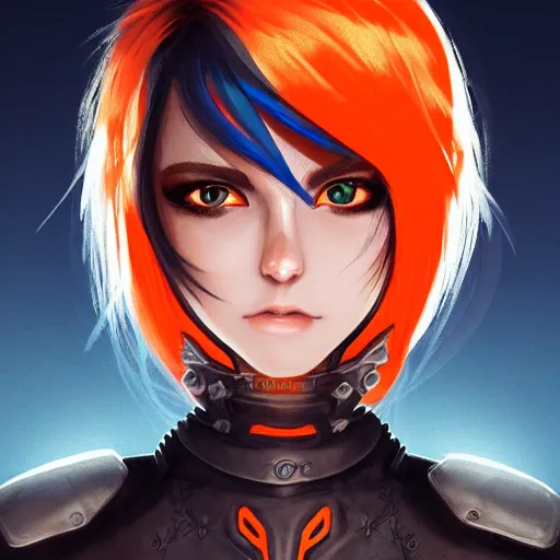 Image similar to illustrated realistic tilted head portrait human female prong-horned with blue bob hair and solid black-eyes wearing strap leather armor, orange glow, backlit by rossdraws