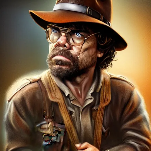 Image similar to peter dinklage as indiana jones, digital painting, extremely detailed, 4 k, intricate, brush strokes, mark arian, artgerm, bastien lecouffe - deharme