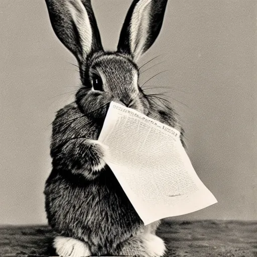 Image similar to a rabbit holding a paper, victorian photograph