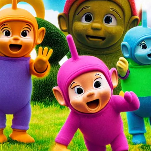 Image similar to Teletubbies with wide open eyes and smile, highly detailed, sharp focus, octane render, realistic eyes