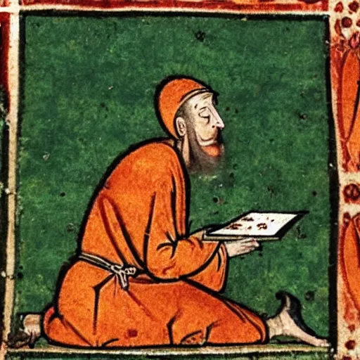 Prompt: medieval manuscript depicting a monk failing to connect to wifi