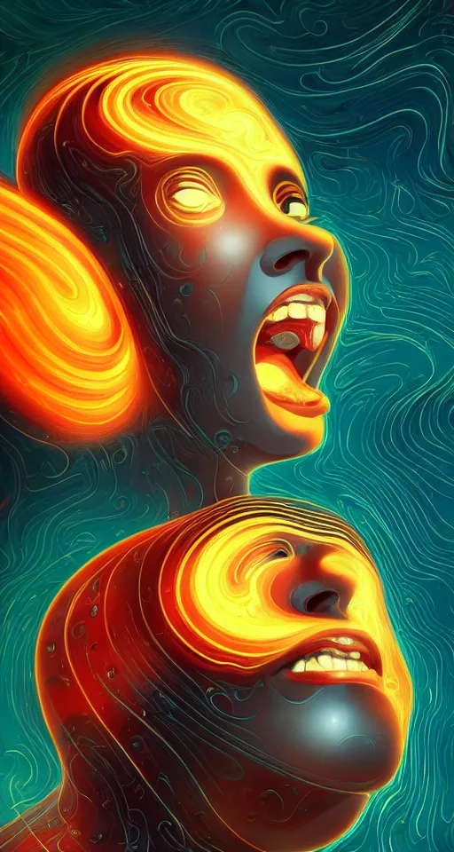 Image similar to art deco close up portait of stylish head with big mouth surrounded by spheres and flames, rain like a dream digital painting curvalinear clothing cinematic dramatic fluid lines otherworldly vaporwave interesting details epic composition by artgerm anton pieck