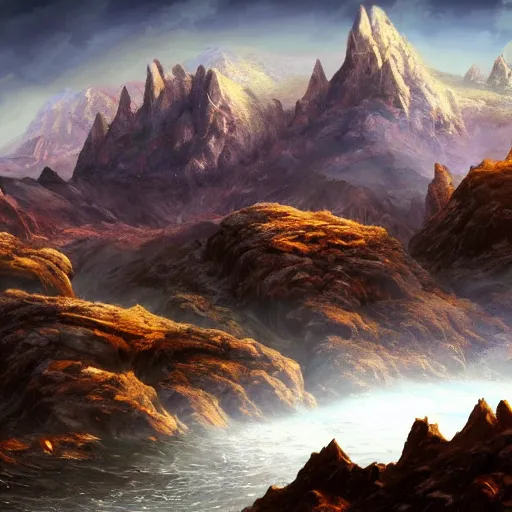 Prompt: The Sci-Fi stone landscape with mountains in the background, fantasy wallpaper, painted, 4k, high detail, sharp focus