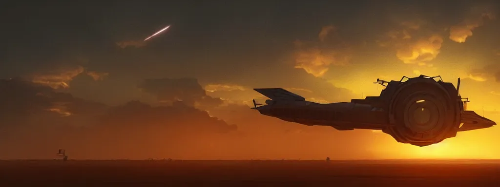 Prompt: extremely large golden orange sunset sky, with sci - fi military spacecrafts in the distance covered in shadow flying towards camera, camera bloom, concept art on artstation, hyperdetailed, vray render, octane render, like apocalypse now