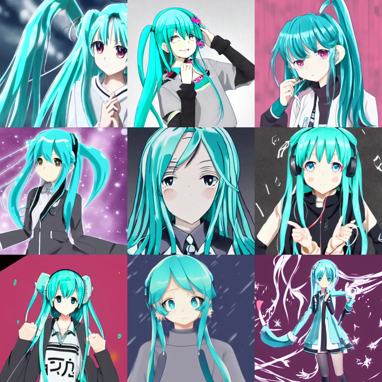 Image similar to hatsune miku anime in a grey sweater