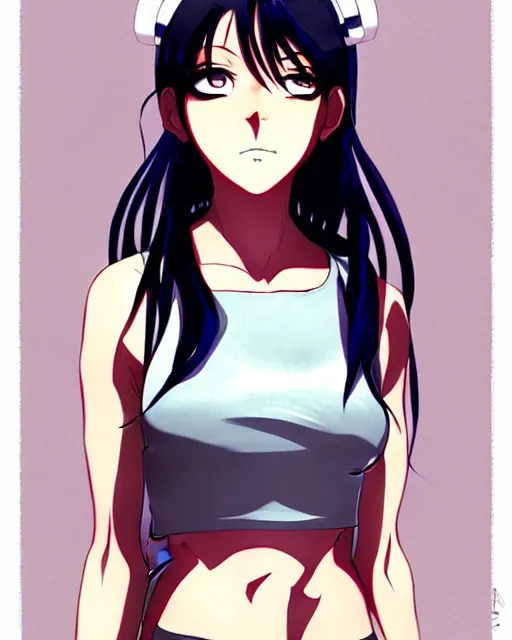 Image similar to style of madhouse studio anime, rei hiroe, loish, artgerm, joshua middleton, portrait of revy from black lagoon, symmetrical eyes and symmetrical face, jean shorts, white tank top, waist up, sarcastic evil smirk on face, natural lighting