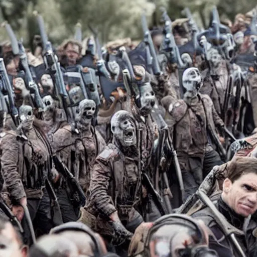 Prompt: spanish president pedro sanchez leading an army of the undead in a post - apocalyptic world