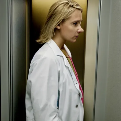 Prompt: profile of female nurse, blond hair. white coat, in an elevator, gregory crewdson