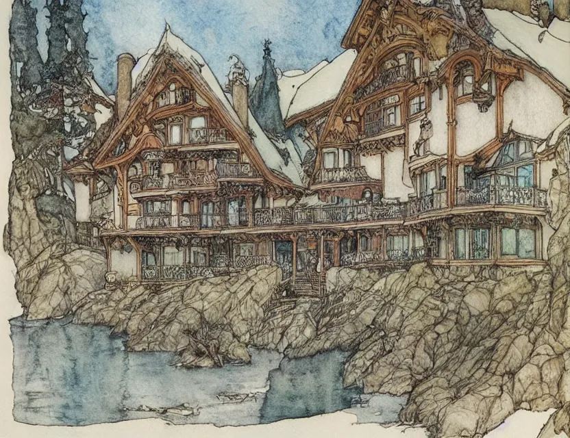 Prompt: a detailed, intricate watercolor and ink illustration with fine lines of the view from the river of an art nouveau swiss chalet, by arthur rackham and edmund dulac and lisbeth zwerger