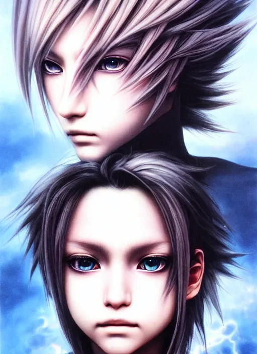 Image similar to beautiful matte airbrush portrait of a final fantasy inspired face with sad eyes crying on a white background, 8 0's airbrush aesthetic, art by pater sato, ayami kojima and yoshitaka amano