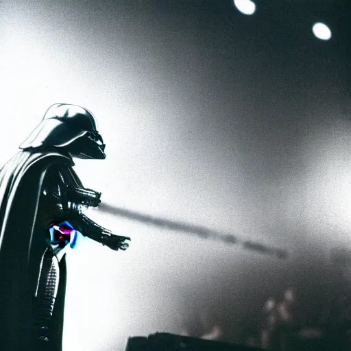 Image similar to 3 5 mm macro photograph of darth vader at an oasis concert