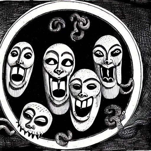 Prompt: an ink drawing of eerie comedy and tragedy theater masks circled by a snake, cracked, elaborate detail, shape of a circle, circular shape