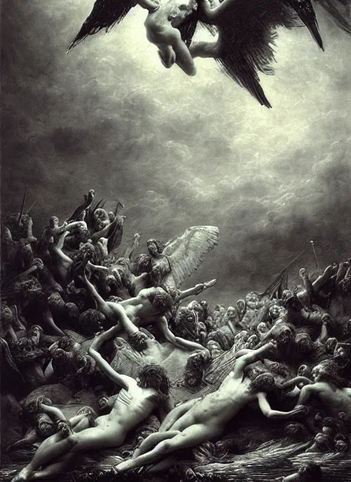 Image similar to fallen angels, epic scene, photorealistic, highly detailed, texture, soft light, dramatic, moody, ambient, painting by gustave dore