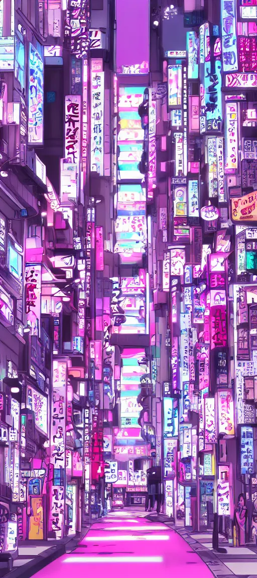 Image similar to beautiful anime! style vaporware tokyo japan, kawaii anime manga style, pink purple, illustration, minimal, neon pastel, akihabara