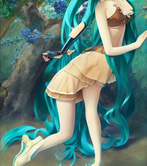 Image similar to Anime art very beautiful Hatsune miku by Gil Elvgren, Vladimir Volegov, Earl Moran, Enoch Bolles, symmetrical shoulders