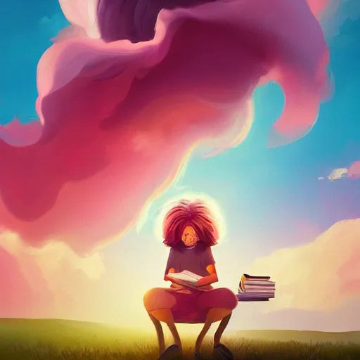 Prompt: a girl reading a book, her hair flowing down, surreal photography, sunrise dramatic light, impressionist painting, colorful clouds, large sky, digital painting, artstation, simon stalenhag, flower face