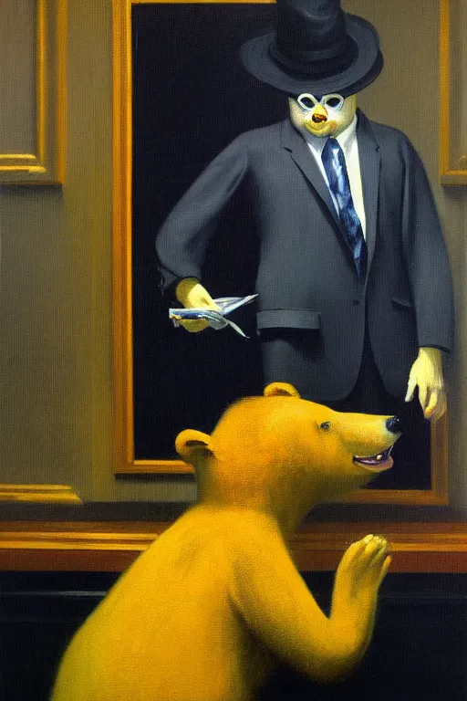 Prompt: man in business costume, a bear in business costume, business negotiations process, hauntingly surreal, highly detailed painting by francis bacon, edward hopper, adrian ghenie, gerhard richter, and james jean soft light 4 k,