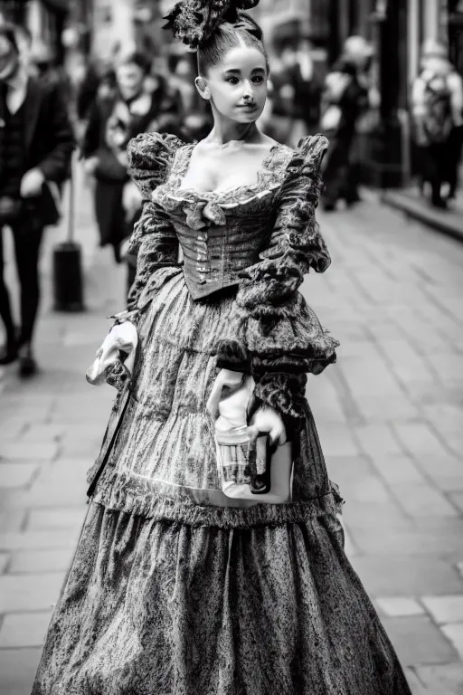 Prompt: Ariana Grande Victorian Era clothing, walking through the streets of London, XF IQ4, f/1.4, ISO 200, 1/160s, 8K, symmetrical face, beautiful eyes. black and white