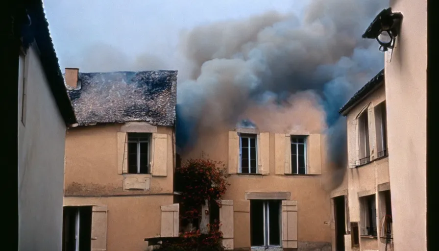 Prompt: 1 9 6 0 s movie still of a burning french style townhouse in a small french village, cinestill 8 0 0 t 3 5 mm technicolor, high quality, heavy grain, high detail, texture, dramatic light, ultra wide lens, panoramic anamorphic, hyperrealistic
