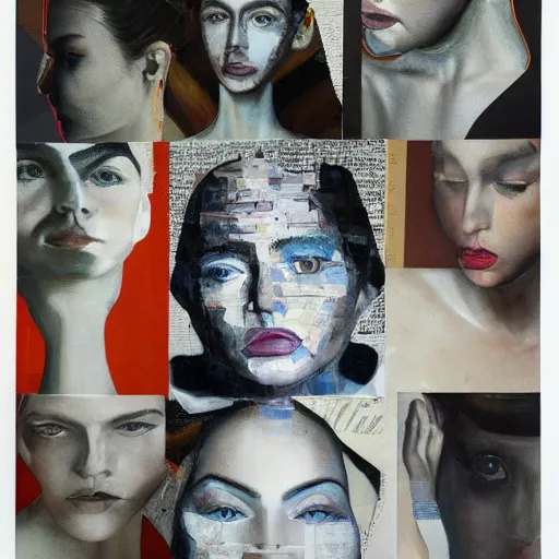 Prompt: a painting made out of Fragments of images taken from online sources, fashion magazines, and family photographs, they all come together to form hybrid faces and figures in the Dadaesque style but with a realist twist, evoking the intimacy and intensity of a face-to-face encounter, contemporary art, mixed media