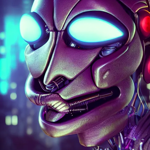 Image similar to cyberpunk cyborg insect alien face portrait, detailed face, sharp focus, synthwave art, aesthetic, octane render, raw, cinematic