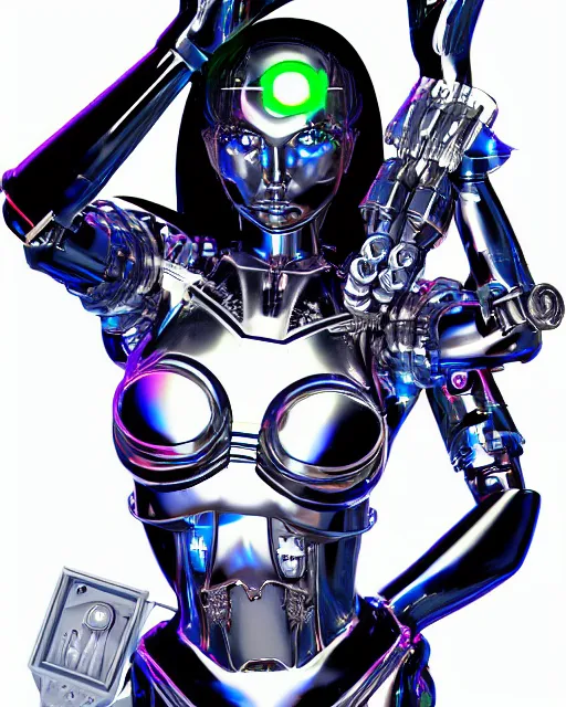 Image similar to A female cyborg extraterrestrial plastic and metal warrior with beaming nebulous eyes writing on a three-dimensional. computer hologram, insanely detailed