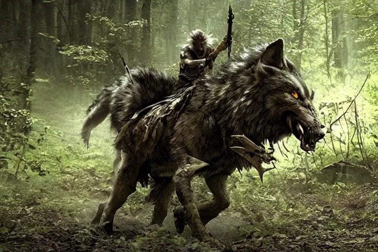 Image similar to vfx movie closeup detailed ancient armored warrior orc hunting riding large wolf in the forest, natural lighting by emmanuel lubezki